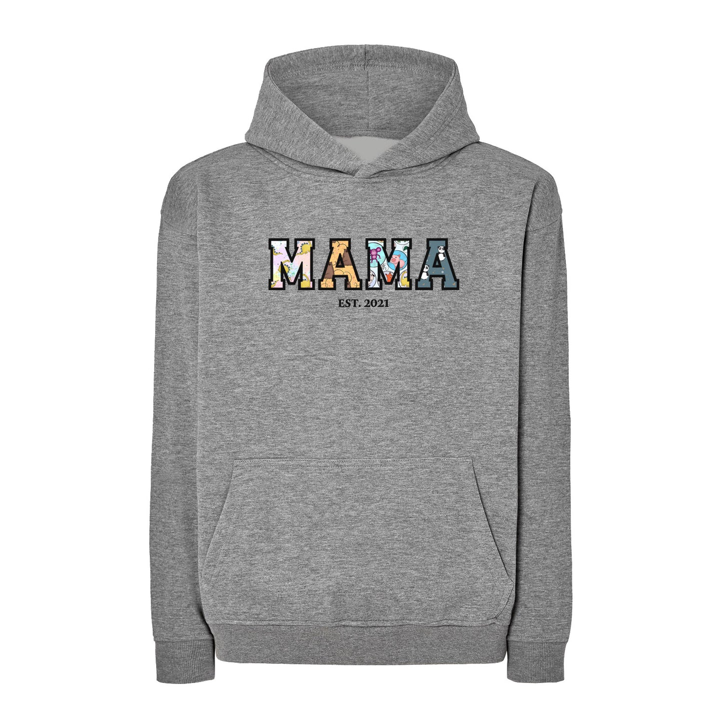 Bluza oversize z kapturem "MAMA" Patchwork +EST, idealny prezent na dzień Mamy