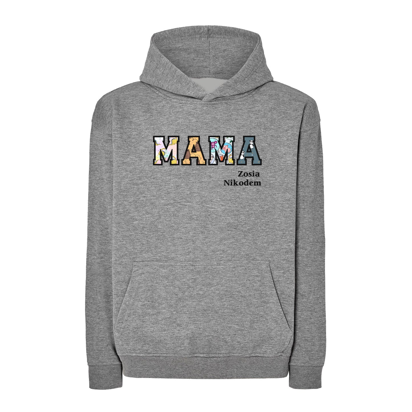 Bluza oversize z kapturem "MAMA" Patchwork + imiona dzieci, idealny prezent na dzień Mamy