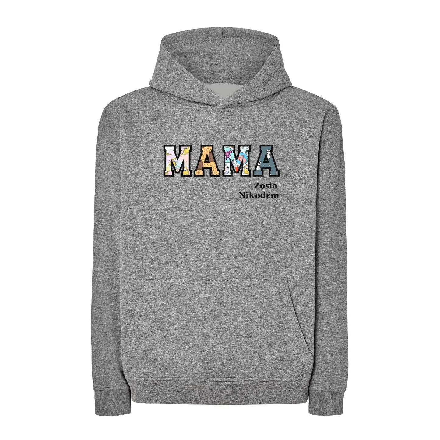 Bluza oversize z kapturem "MAMA" Patchwork + imiona dzieci, idealny prezent na dzień Mamy Haft z radości