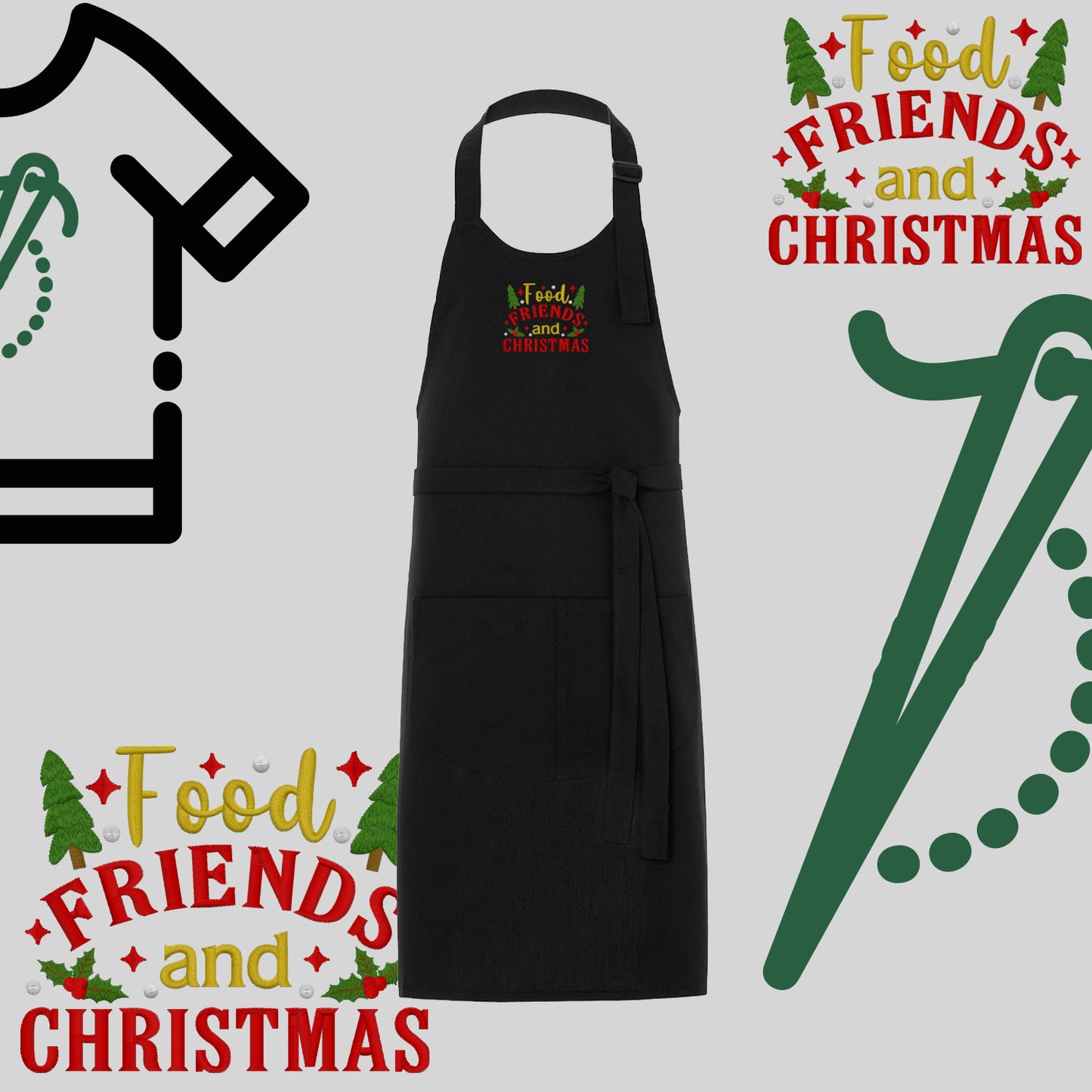 Fartuch "Food, Friends and Christmas" – haft komputerowy, styl z przesłaniem