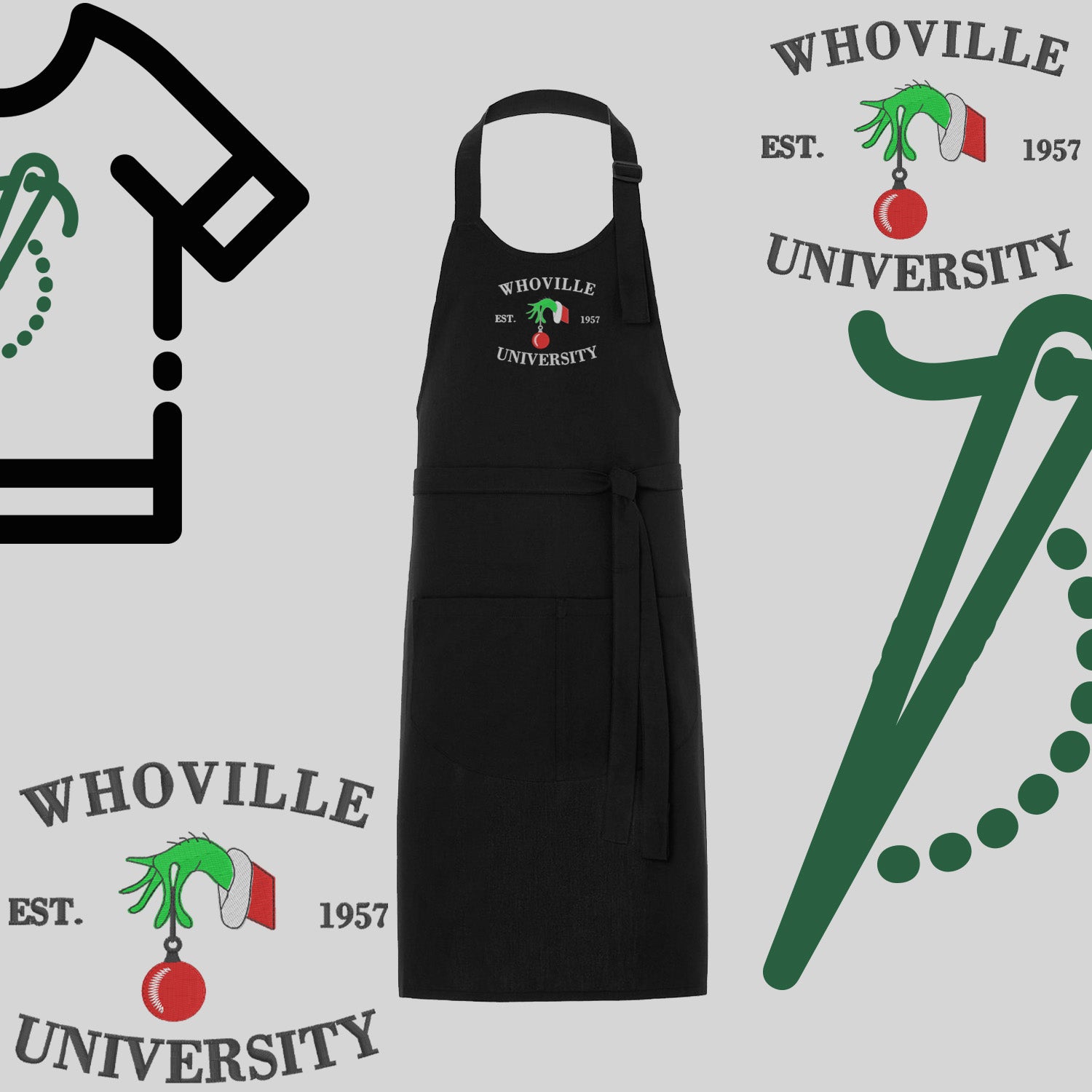 Fartuch "Grinch University" – haft komputerowy, styl z przesłaniem