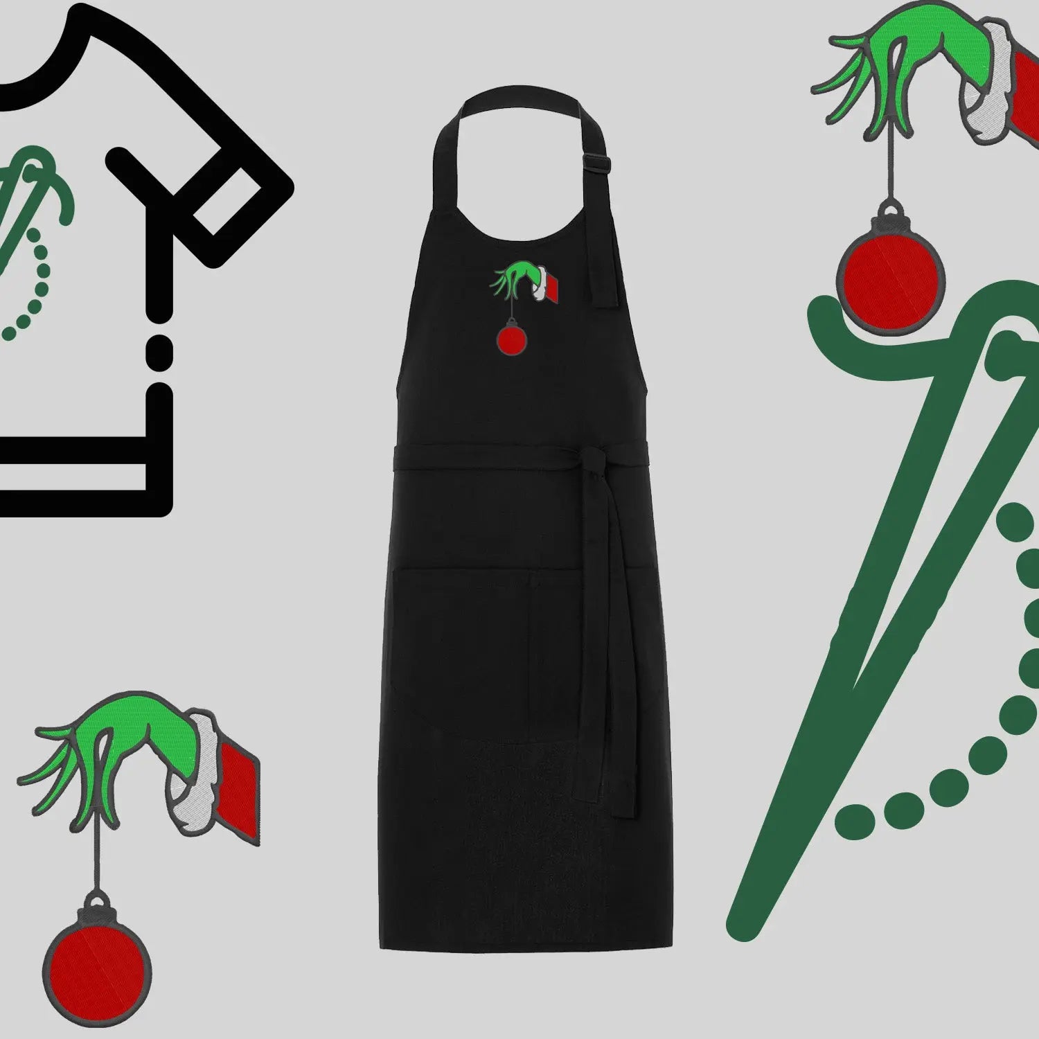 Fartuch "Grinch Bombka" – haft komputerowy, styl z przesłaniem Haft z radości