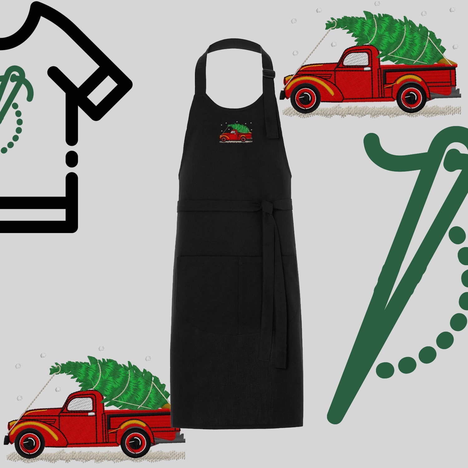 Fartuch "Pickup z choinką" – haft komputerowy, styl z przesłaniem