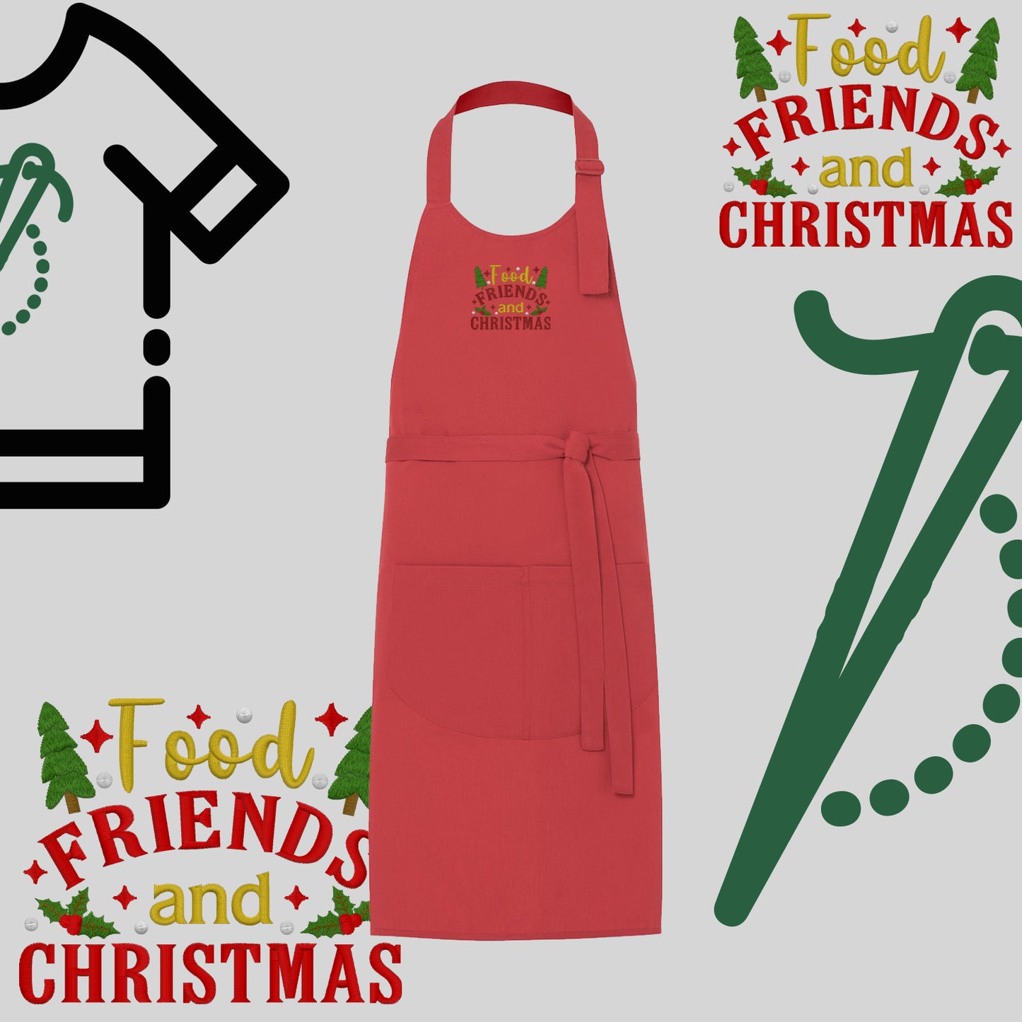 Fartuch "Food, Friends and Christmas" – haft komputerowy, styl z przesłaniem