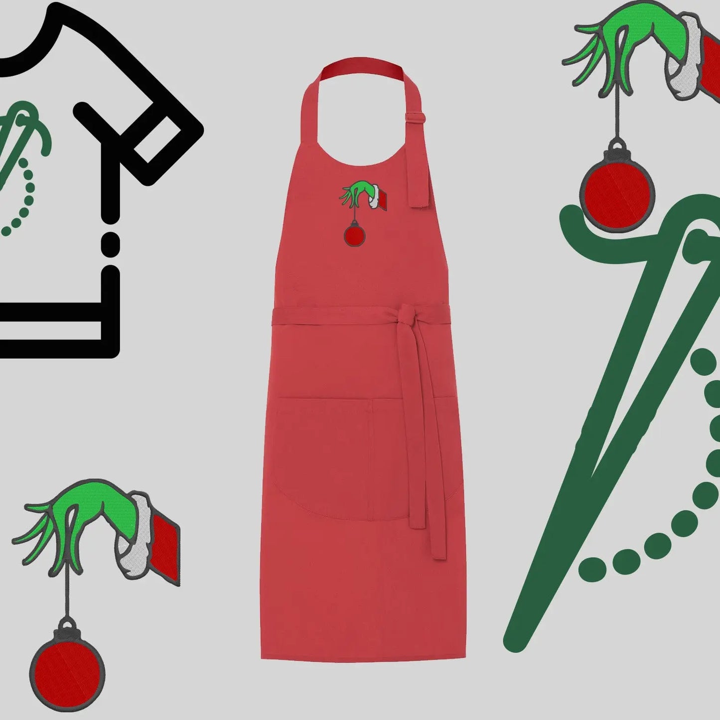 Fartuch "Grinch Bombka" – haft komputerowy, styl z przesłaniem Haft z radości