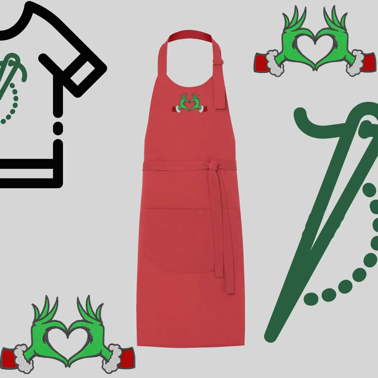 Fartuch "Grinch Serce" – haft komputerowy, styl z przesłaniem Haft z radości