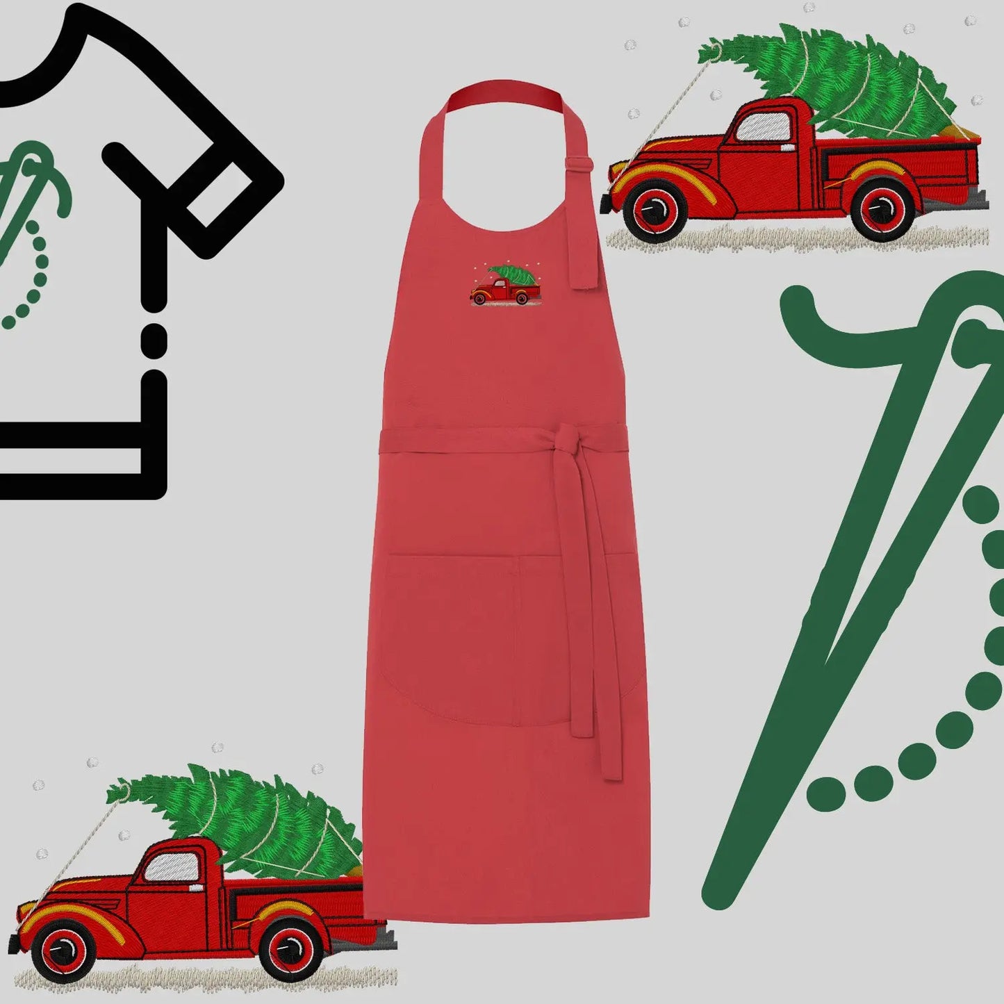 Fartuch "Pickup z choinką" – haft komputerowy, styl z przesłaniem Haft z radości