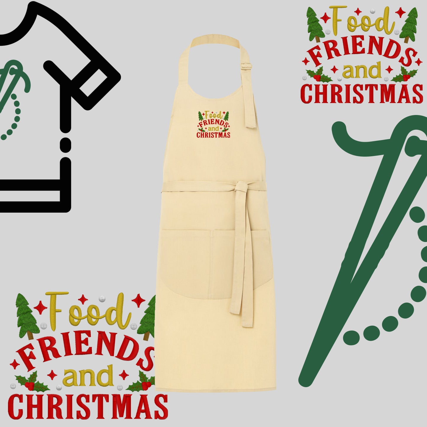 Fartuch "Food, Friends and Christmas" – haft komputerowy, styl z przesłaniem