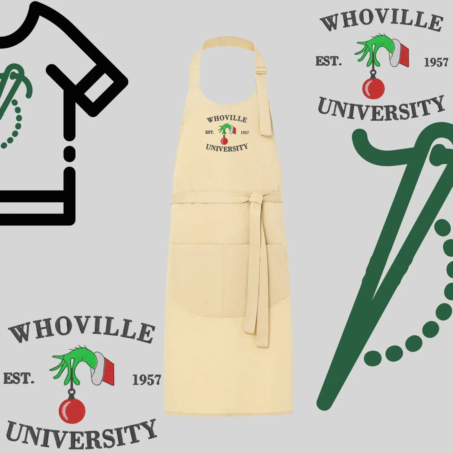 Fartuch "Grinch University" – haft komputerowy, styl z przesłaniem Haft z radości