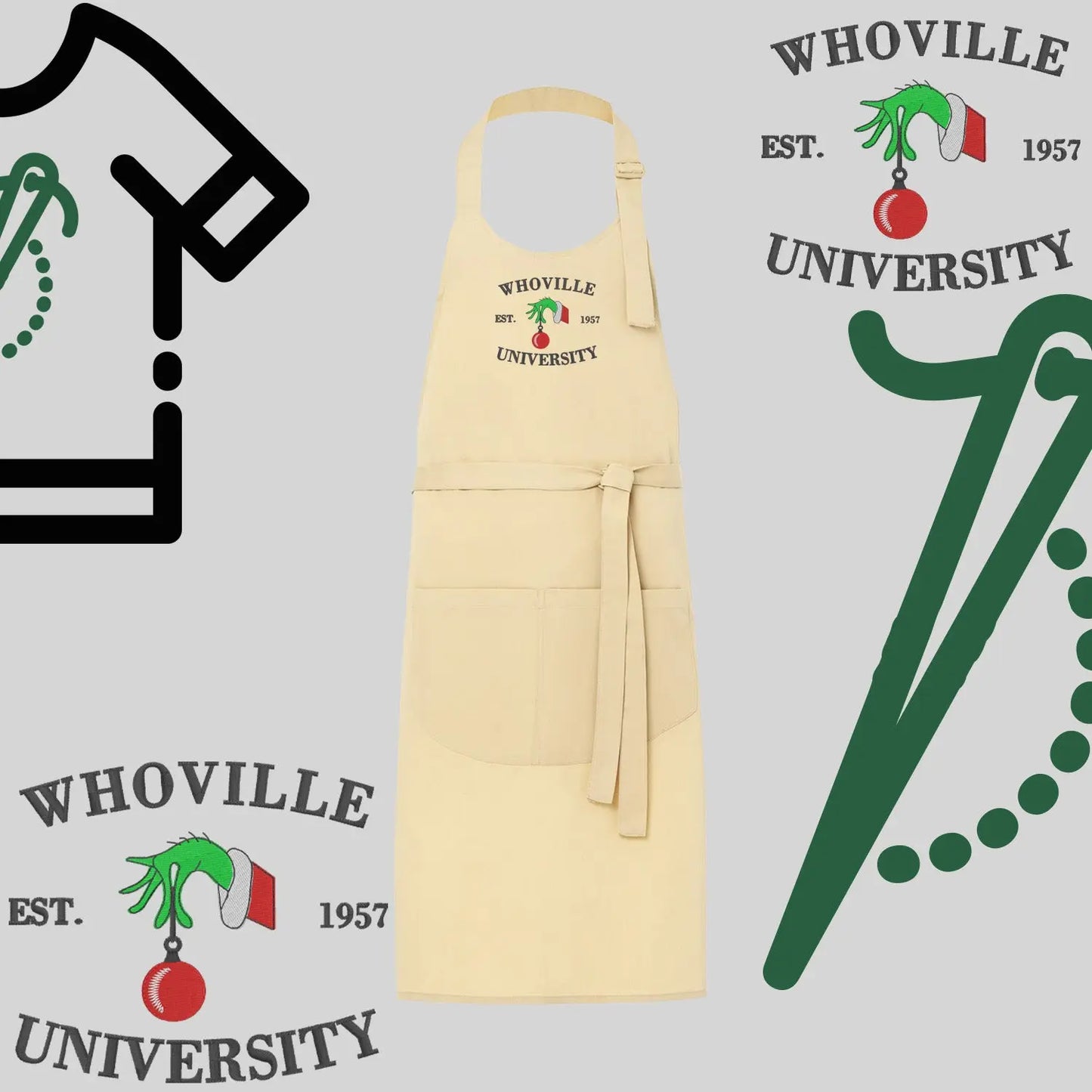 Fartuch "Grinch University" – haft komputerowy, styl z przesłaniem Haft z radości