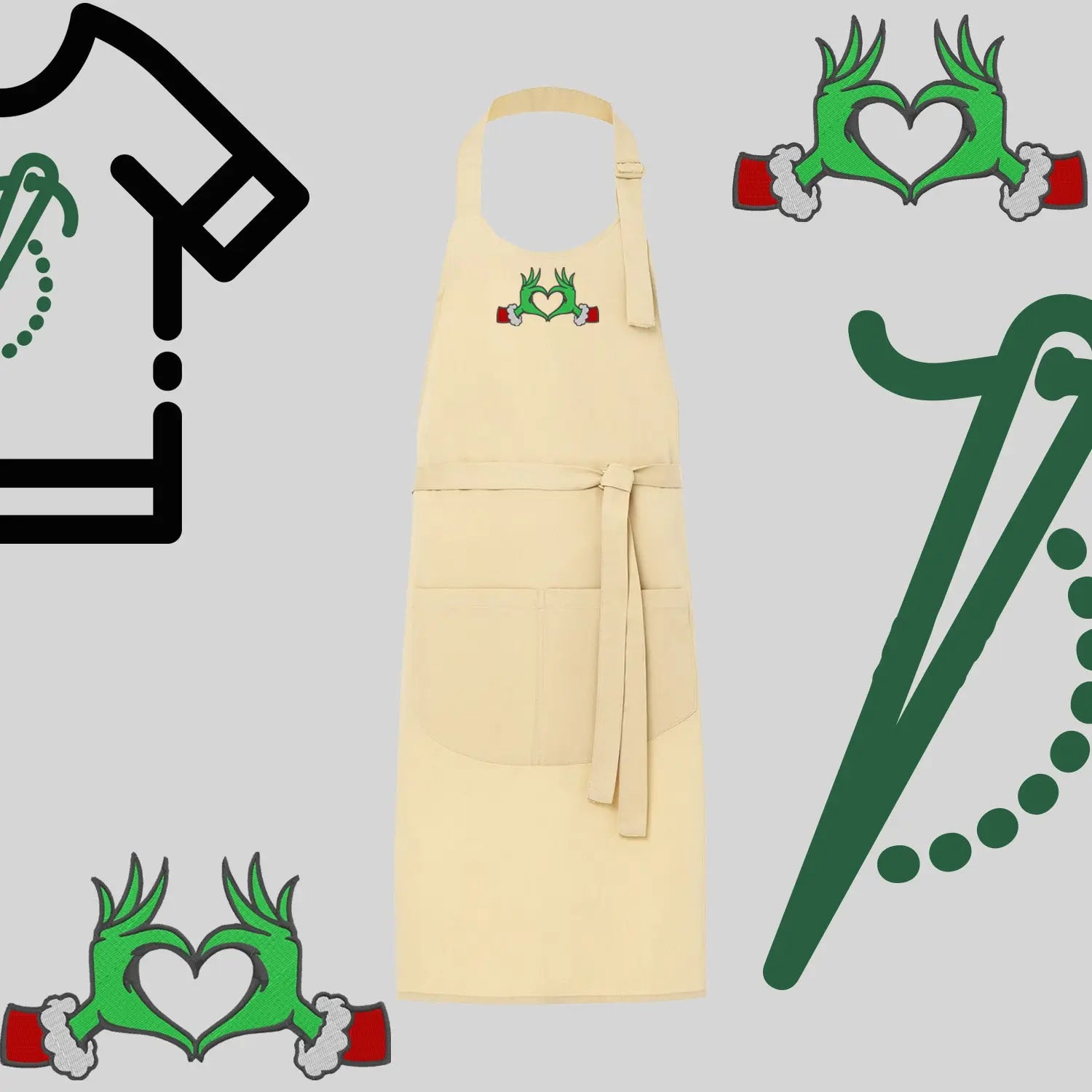 Fartuch "Grinch Serce" – haft komputerowy, styl z przesłaniem Haft z radości
