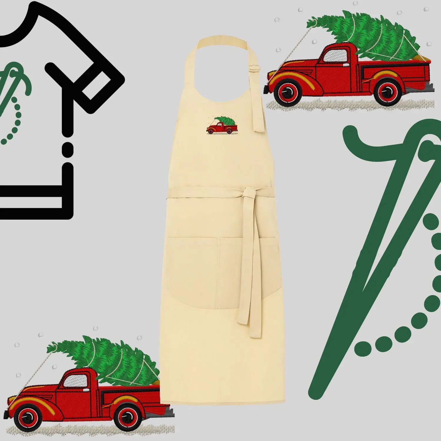 Fartuch "Pickup z choinką" – haft komputerowy, styl z przesłaniem Haft z radości