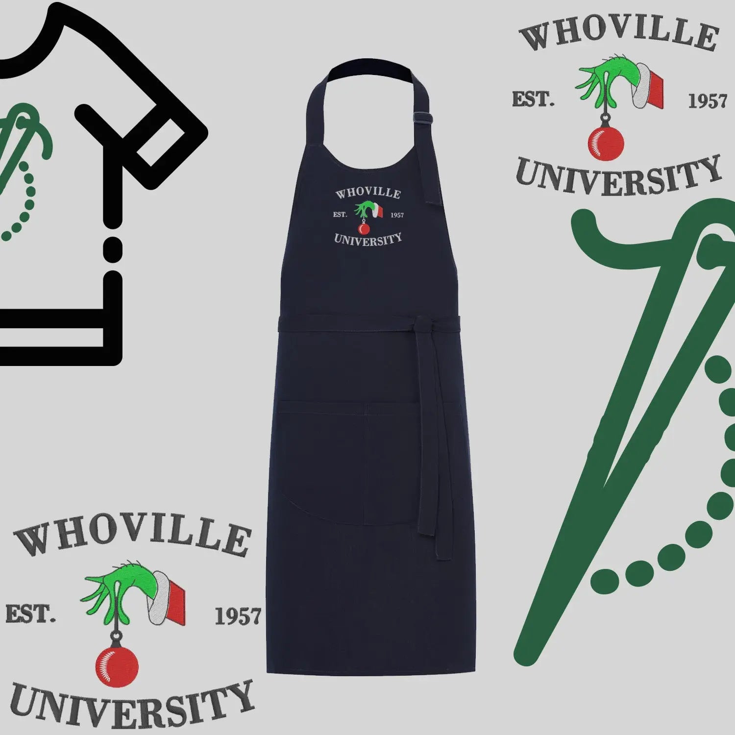 Fartuch "Grinch University" – haft komputerowy, styl z przesłaniem Haft z radości