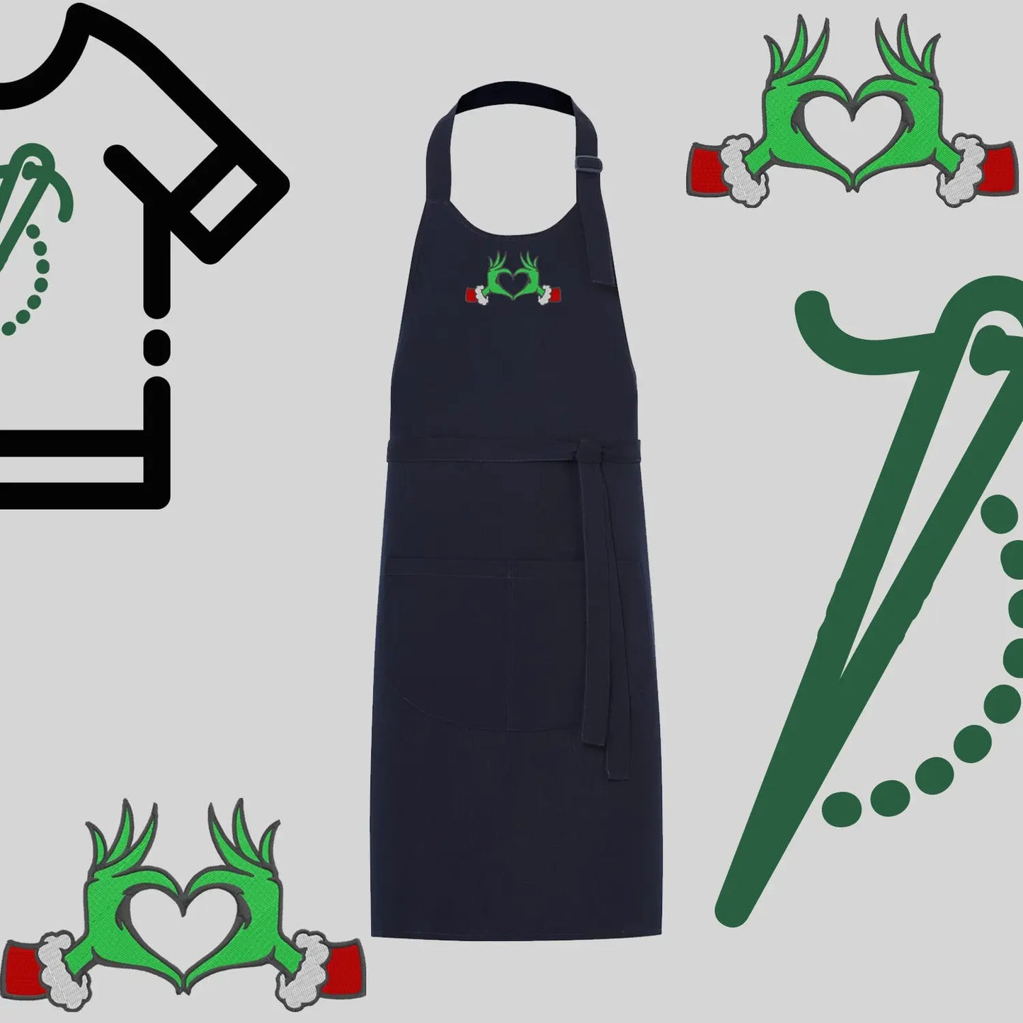 Fartuch "Grinch Serce" – haft komputerowy, styl z przesłaniem Haft z radości