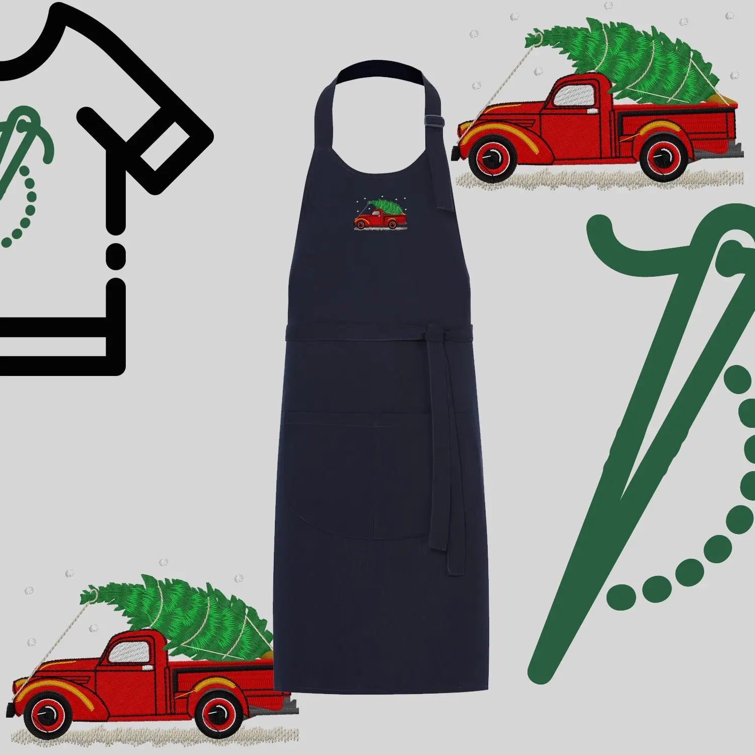 Fartuch "Pickup z choinką" – haft komputerowy, styl z przesłaniem Haft z radości