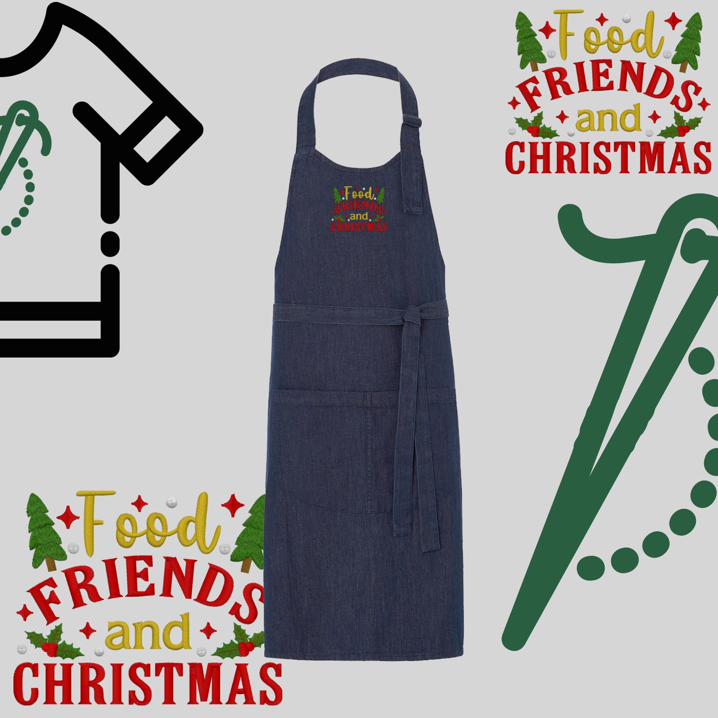 Fartuch "Food, Friends and Christmas" – haft komputerowy, styl z przesłaniem