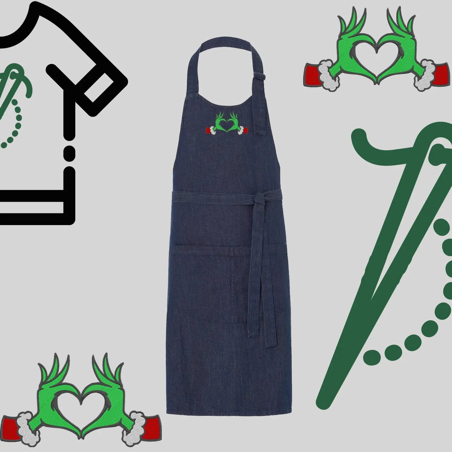 Fartuch "Grinch Serce" – haft komputerowy, styl z przesłaniem Haft z radości