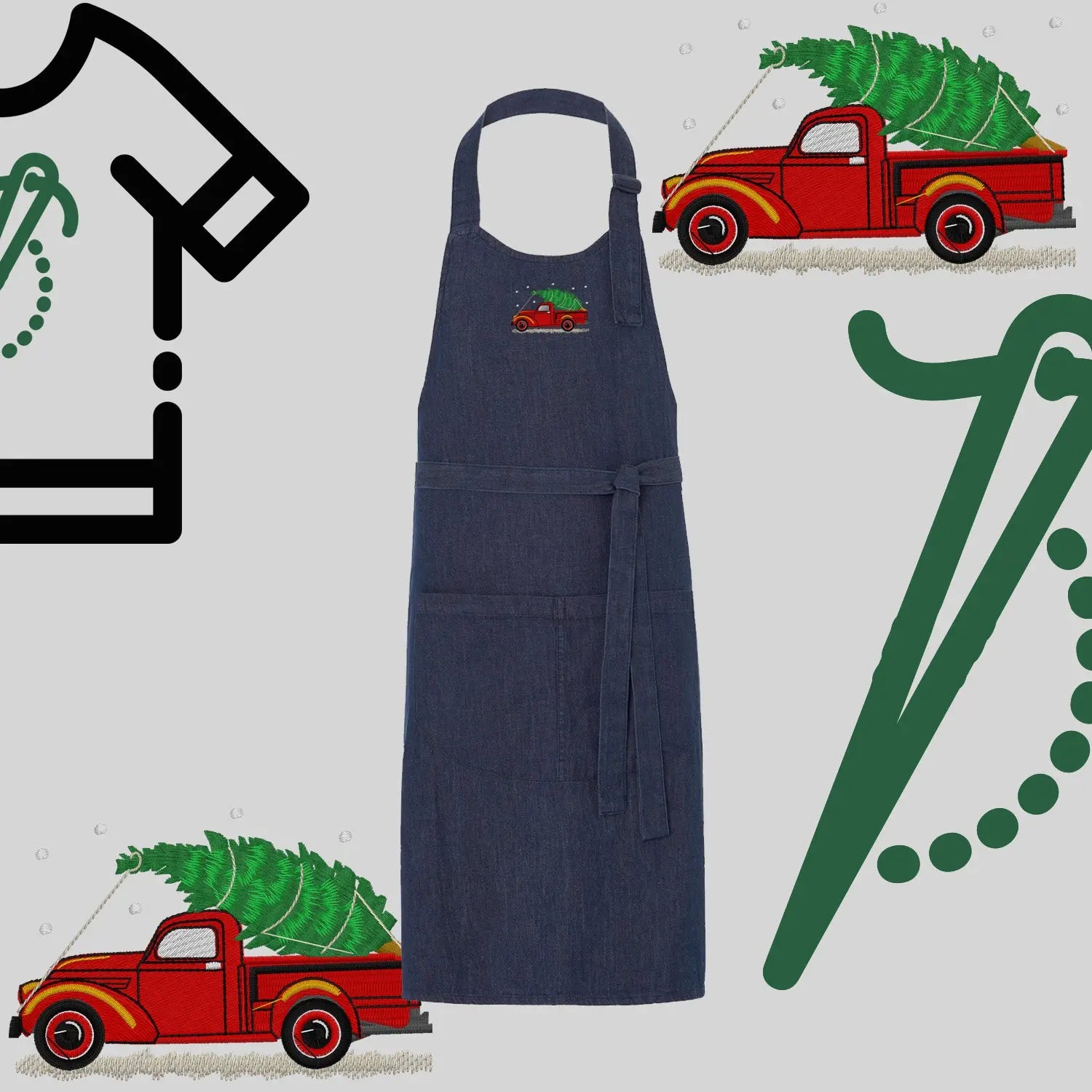 Fartuch "Pickup z choinką" – haft komputerowy, styl z przesłaniem Haft z radości