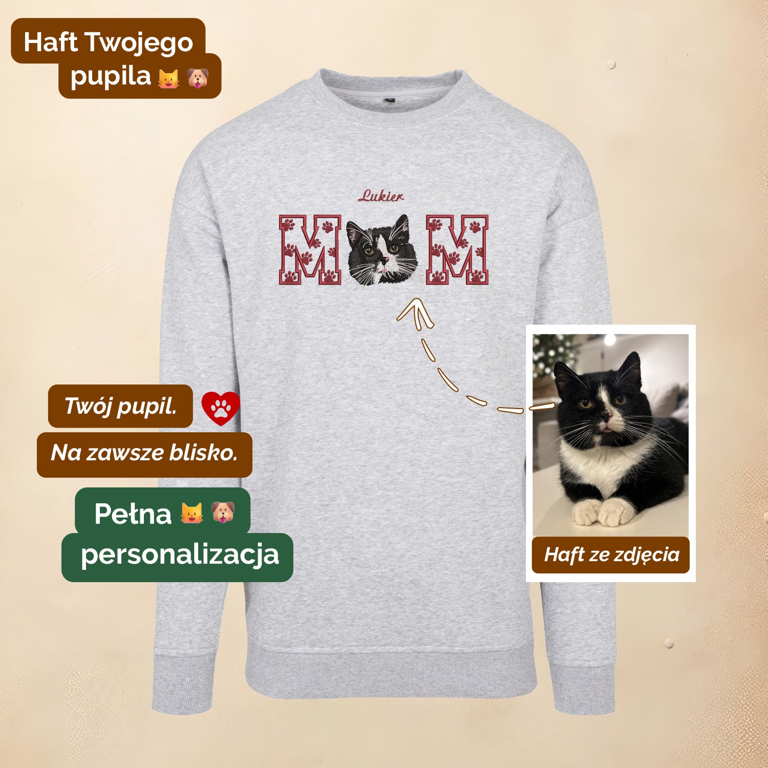 Personalizowana bluza CAT MOM z haftem pupila – różne kroje Haft z radości - nadruki i haft na odzieży Warszawa