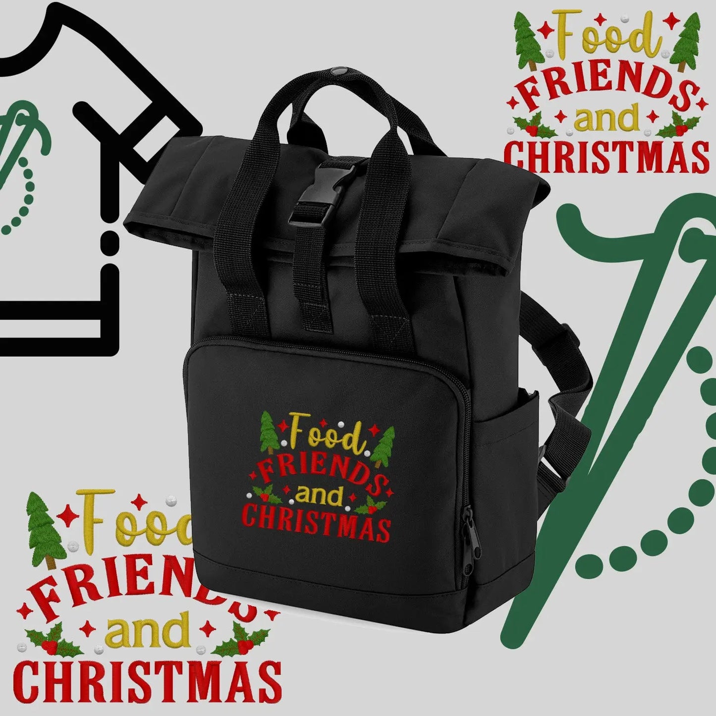 Plecak "Food, Friends and Christmas"-haft komputerowy, styl z przesłaniem Haft z radości