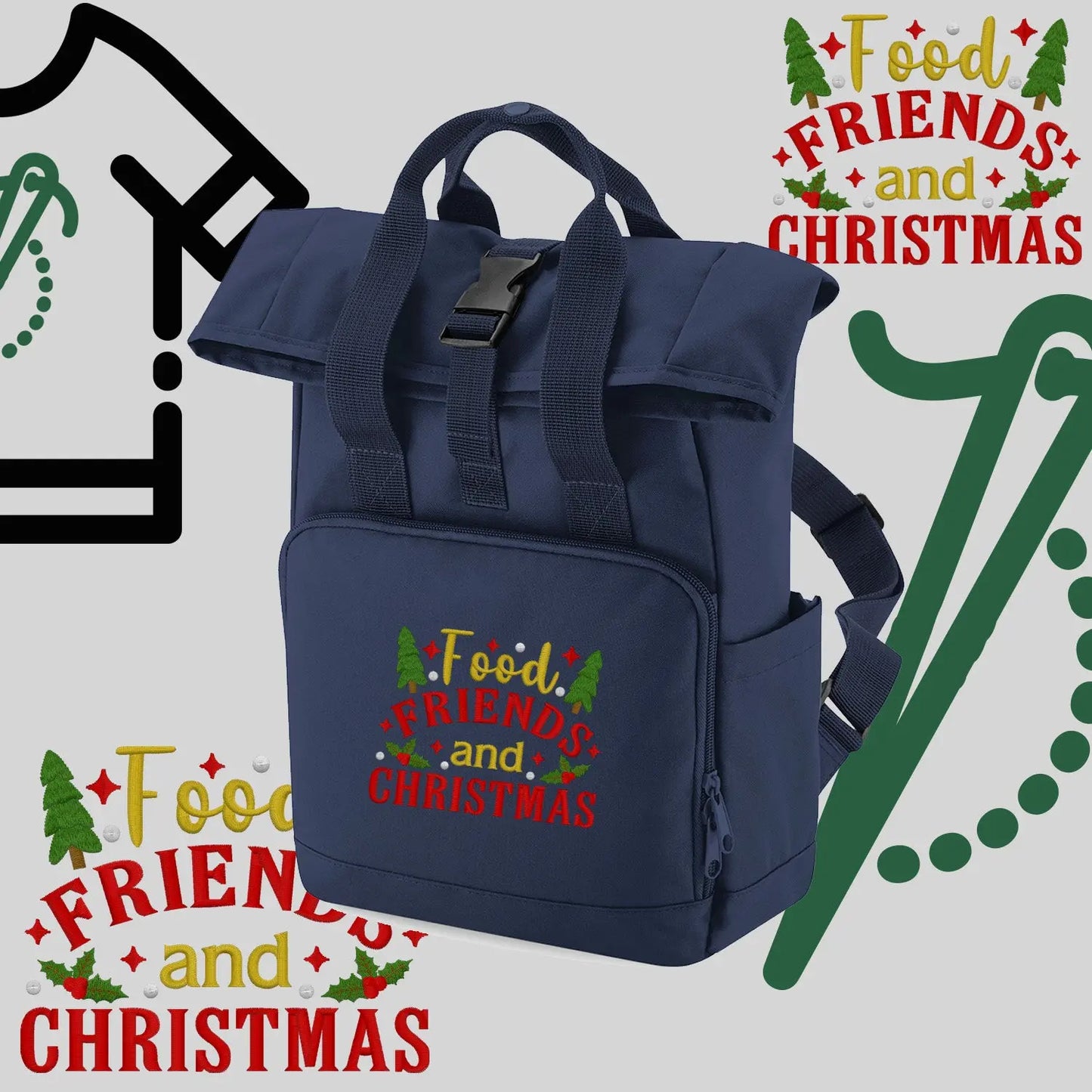 Plecak "Food, Friends and Christmas"-haft komputerowy, styl z przesłaniem Haft z radości