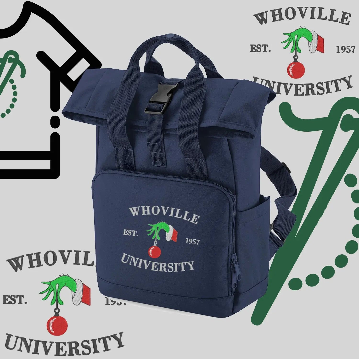 Plecak "Grinch University"-haft komputerowy, styl z przesłaniem Haft z radości