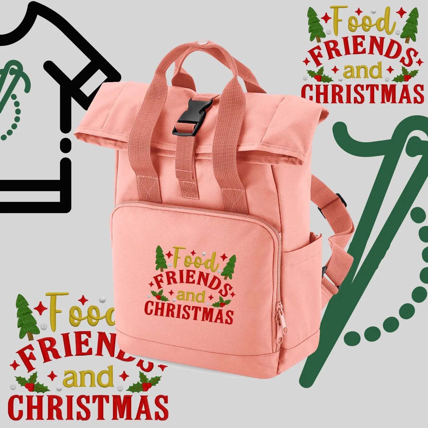 Plecak "Food, Friends and Christmas"-haft komputerowy, styl z przesłaniem Haft z radości