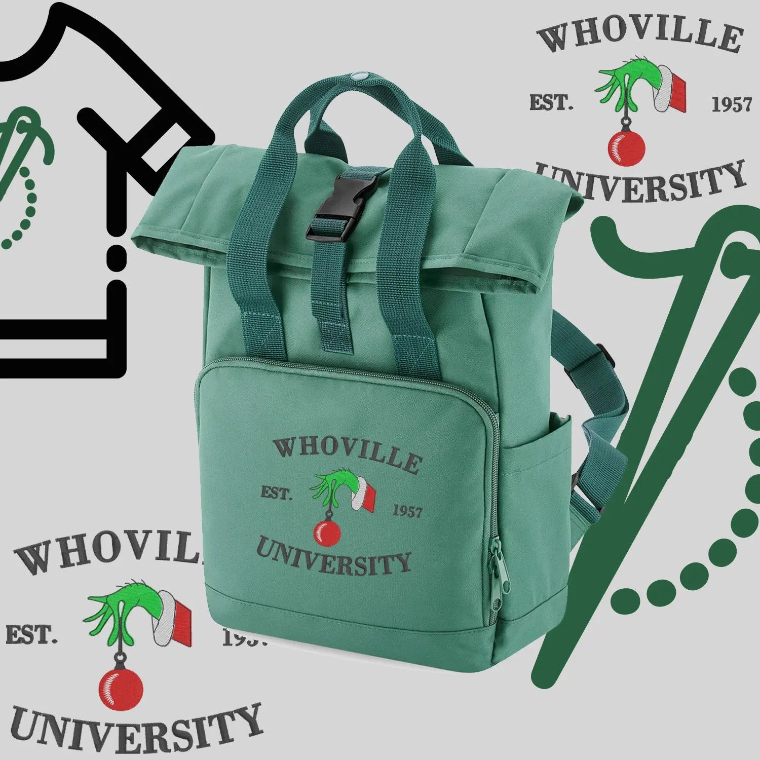 Plecak "Grinch University"-haft komputerowy, styl z przesłaniem Haft z radości