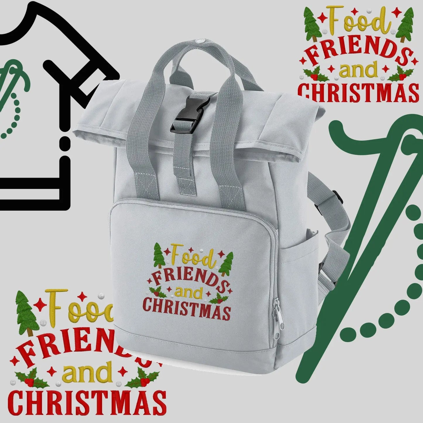 Plecak "Food, Friends and Christmas"-haft komputerowy, styl z przesłaniem Haft z radości