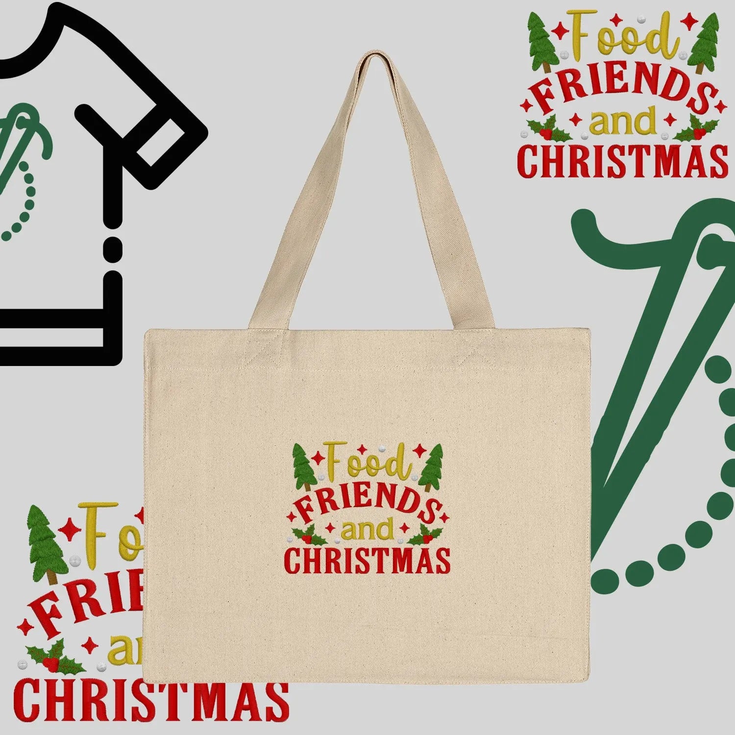 Torba bawełniana "Food, Friends and Christmas"-haft komputerowy, styl z przesłaniem Haft z radości