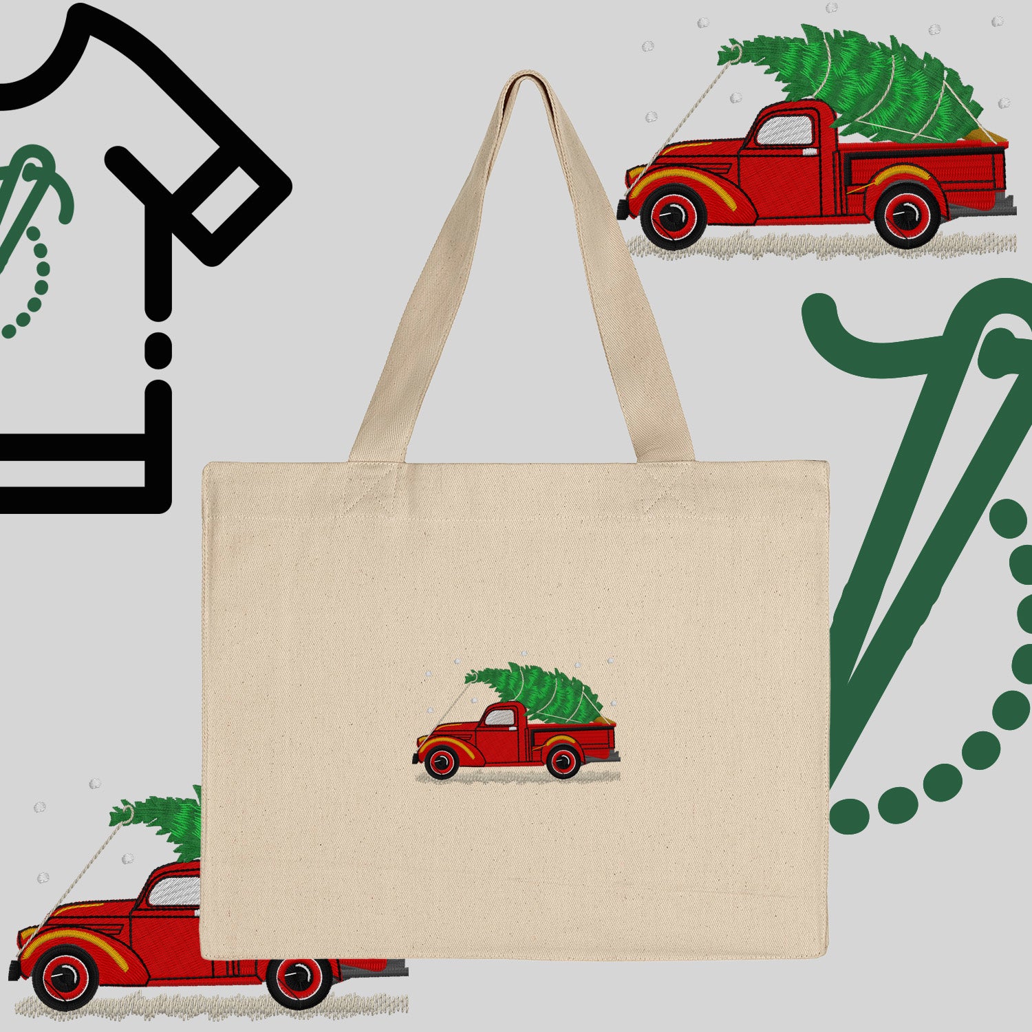 Torba bawełniana "Pickup z choinką"-haft komputerowy, styl z przesłaniem