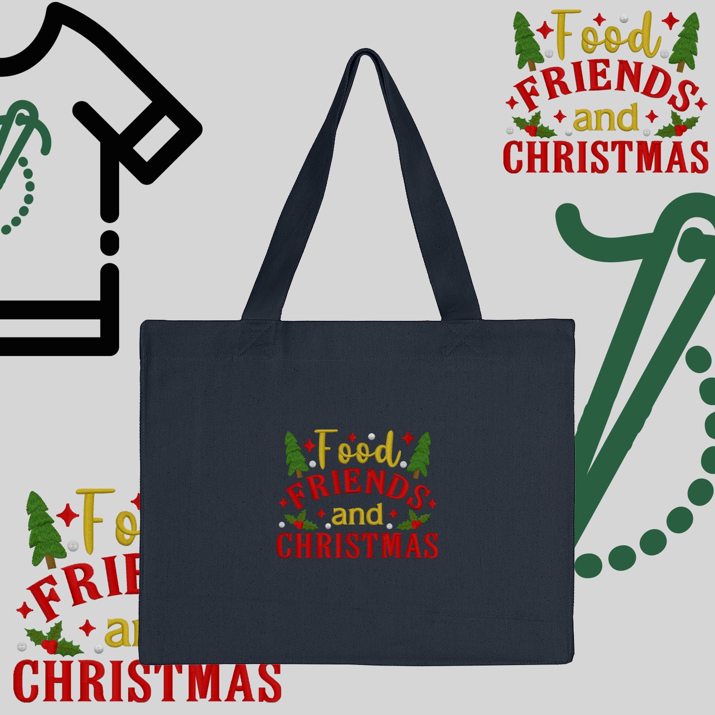 Torba bawełniana "Food, Friends and Christmas"-haft komputerowy, styl z przesłaniem