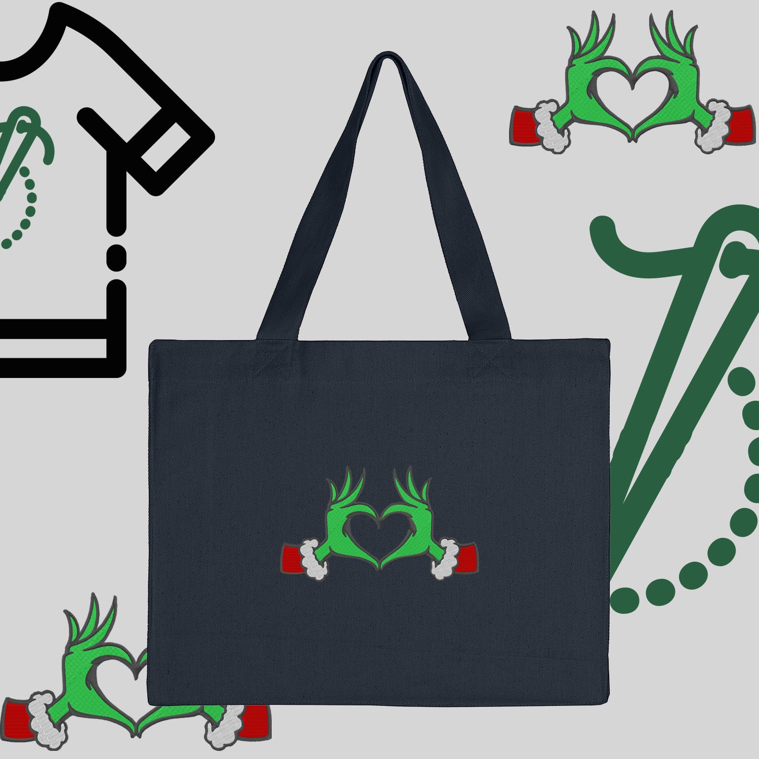 Torba bawełniana "Grinch Serce"-haft komputerowy, styl z przesłaniem