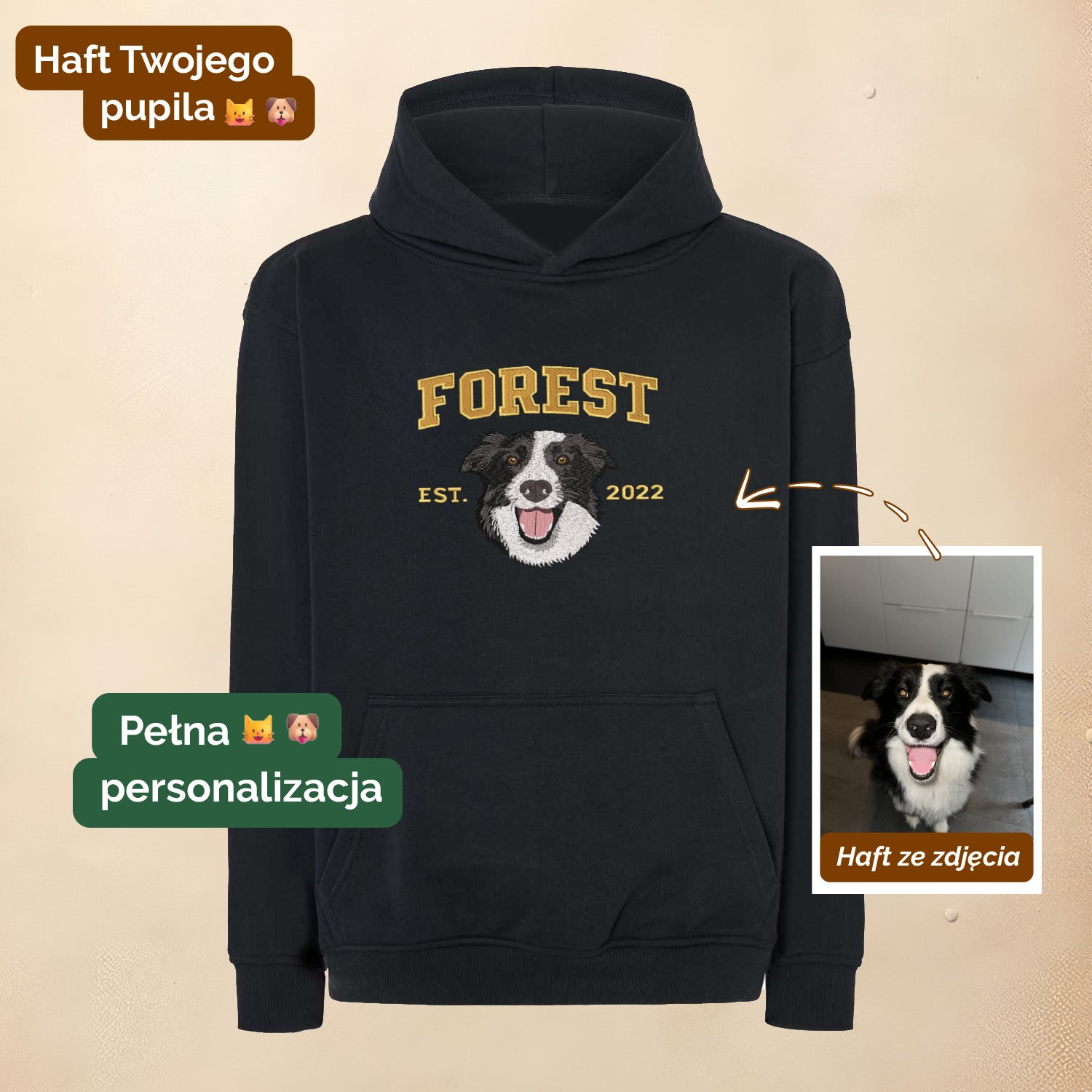 Bluza uniwersytecka z haftem pupila – personalizowana ze zdjęcia Haft z radości - nadruki i haft na odzieży Warszawa