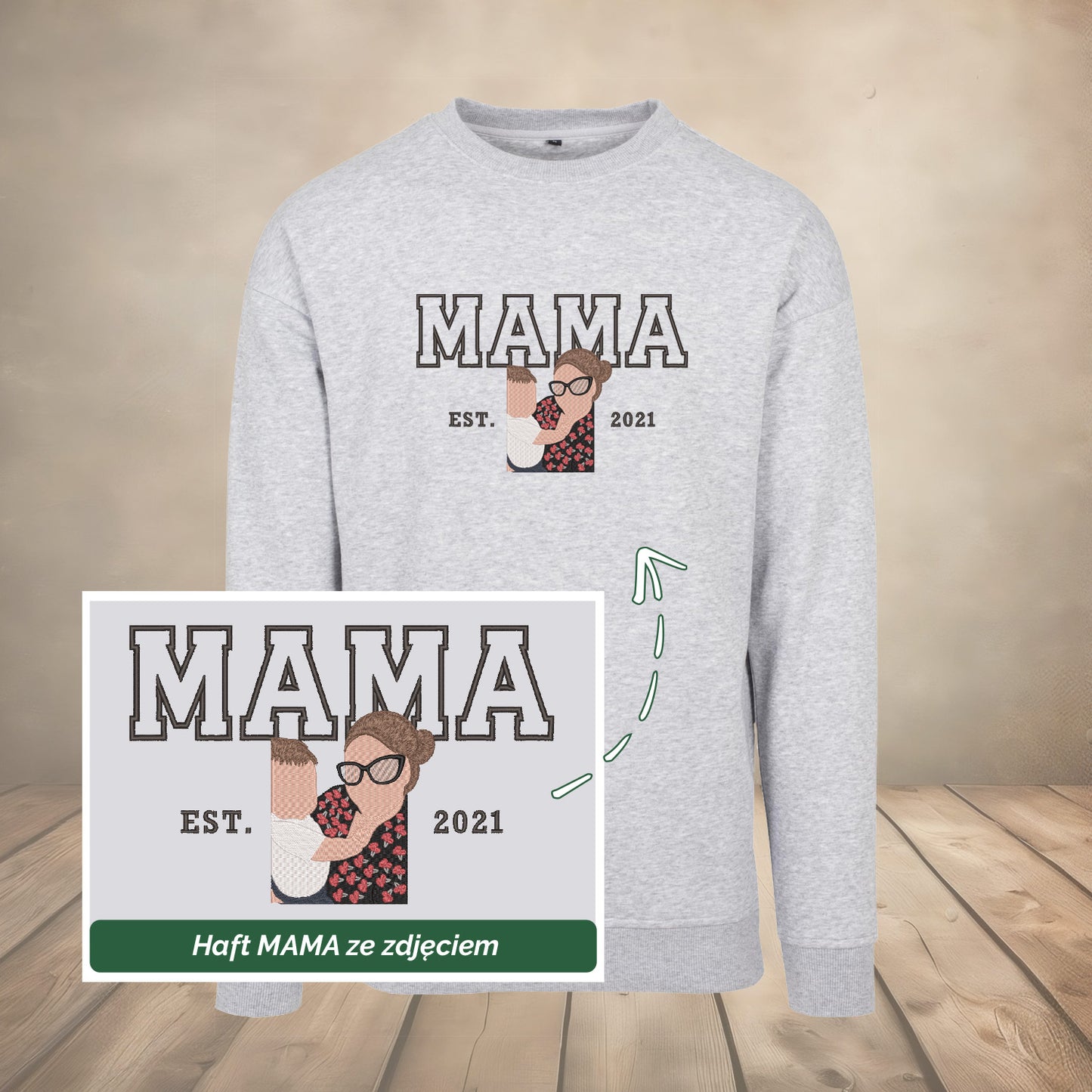 Bluza z haftem napisu MAMA ze zdjęciem – idealny prezent na Dzień Mamy Haft z radości - nadruki i haft na odzieży Warszawa