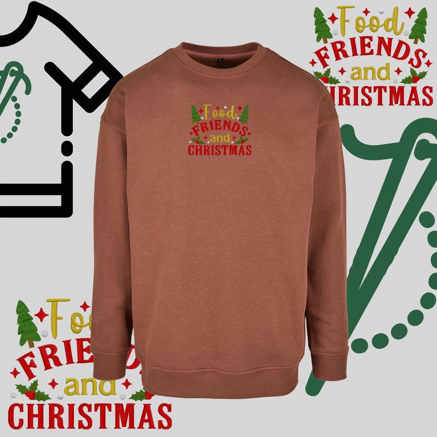 Bluza bez kaptura "Food, Friends and Christmas" – haft komputerowy, styl z pozytywnym przekazem Haft z radości