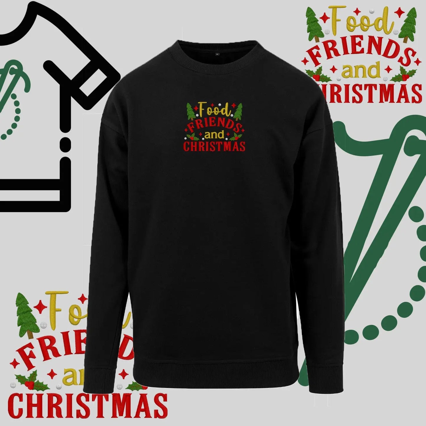 Bluza bez kaptura "Food, Friends and Christmas" – haft komputerowy, styl z pozytywnym przekazem Haft z radości