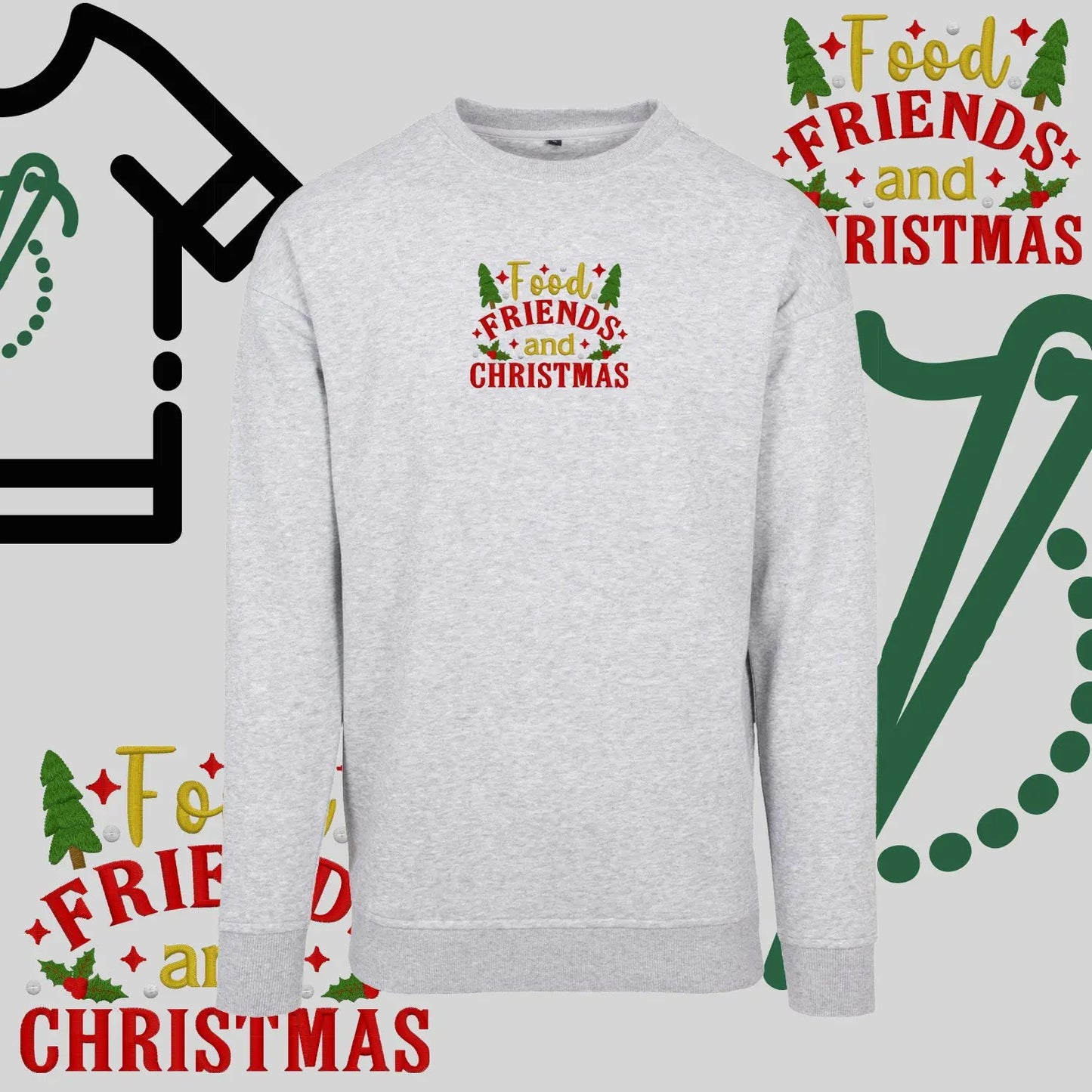 Bluza bez kaptura "Food, Friends and Christmas" – haft komputerowy, styl z pozytywnym przekazem Haft z radości