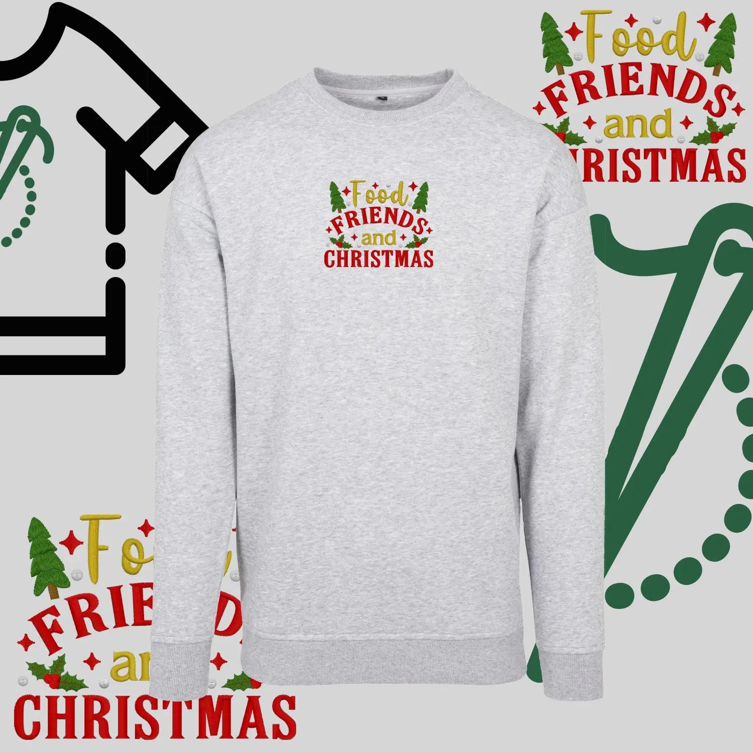 Bluza bez kaptura "Food, Friends and Christmas" – haft komputerowy, styl z pozytywnym przekazem Haft z radości