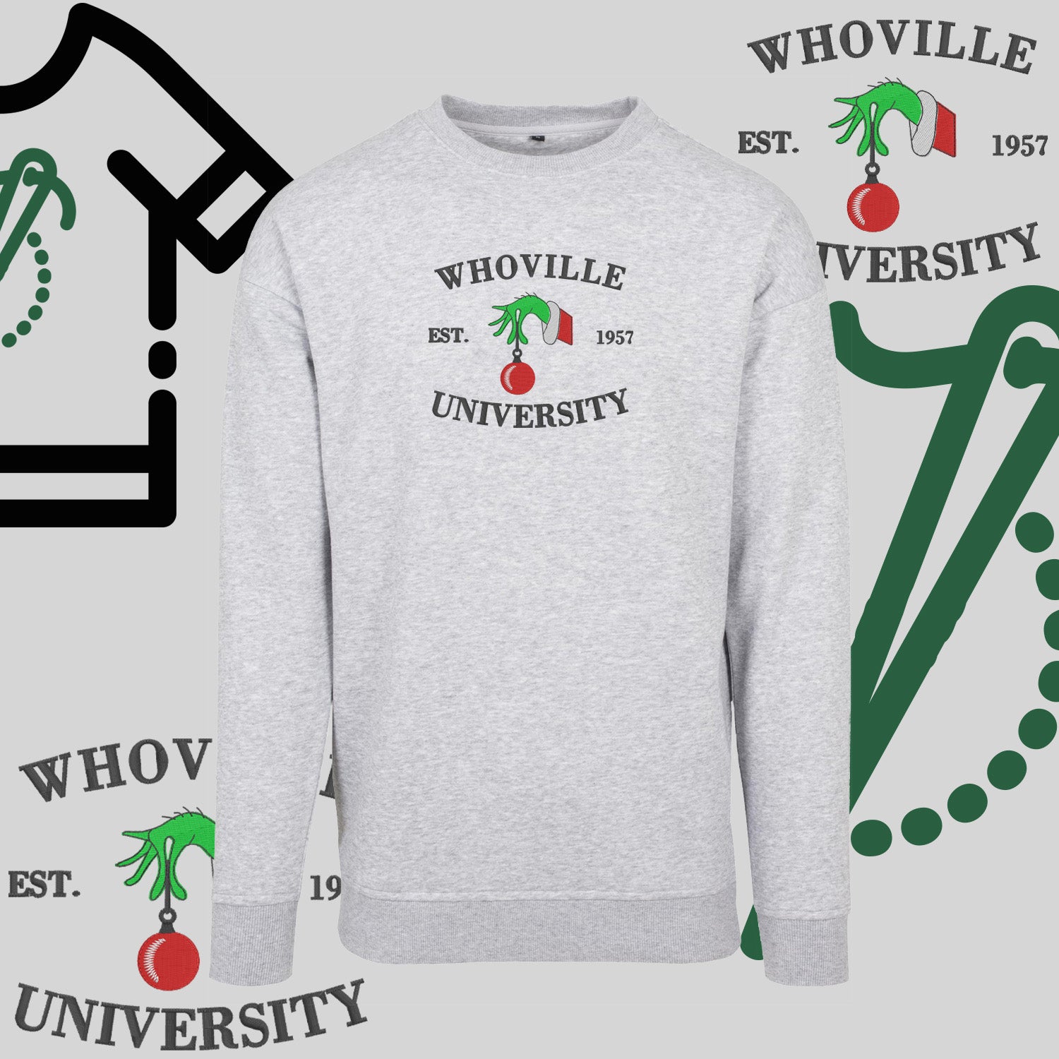 Bluza bez kaptura "Grinch University" – haft komputerowy, styl z pozytywnym przekazem