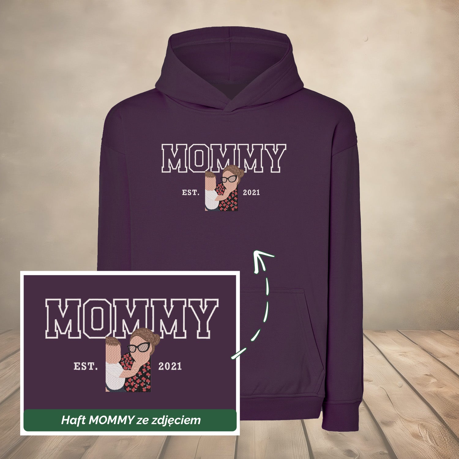 Bluza z haftem napisu MOMMY ze zdjęciem – idealny prezent na Dzień Mamy Haft z radości - nadruki i haft na odzieży Warszawa