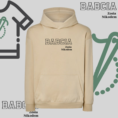 Bluza oversize z kapturem "BABCIA" kontur + imiona wnucząt idealny prezent na dzień Babci