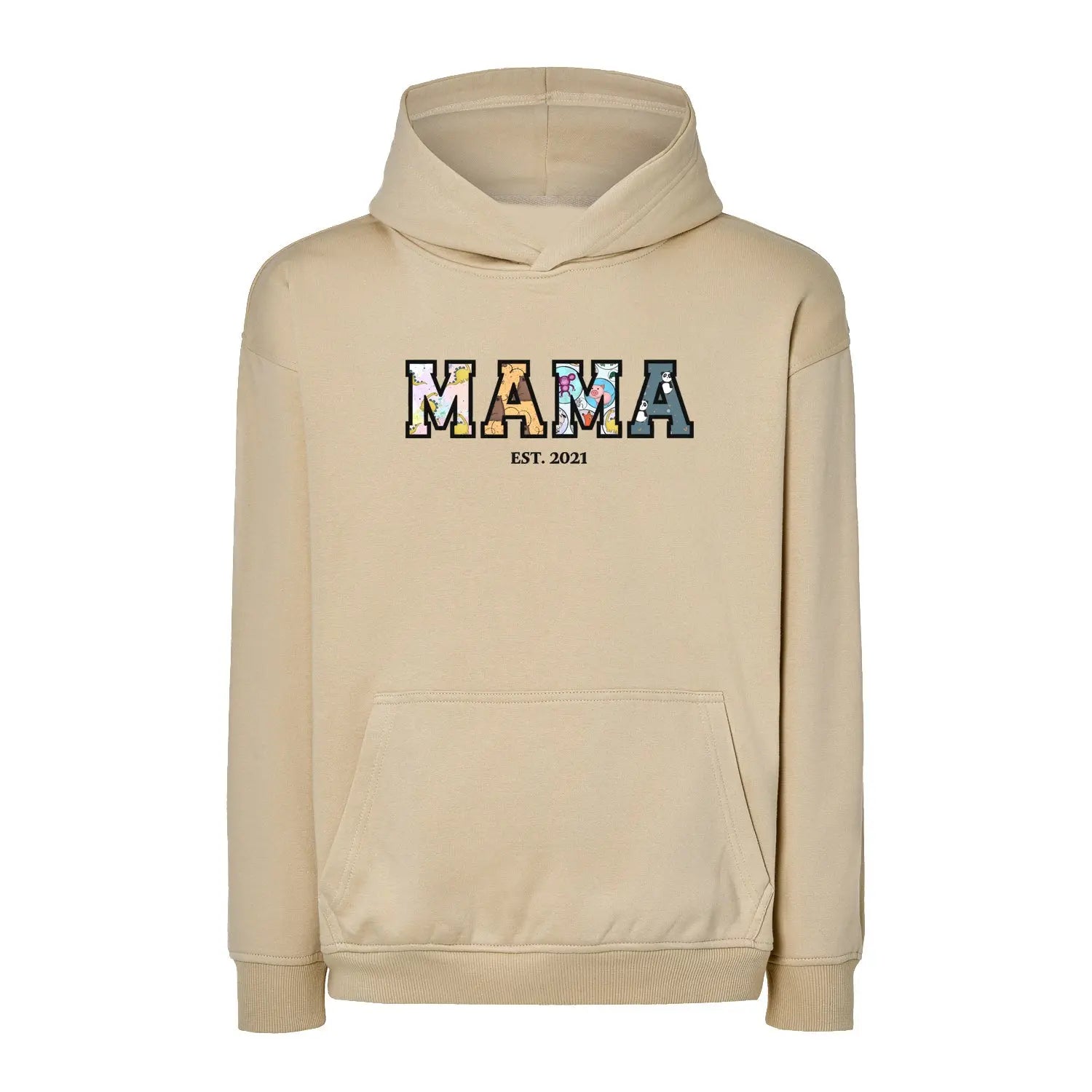 Bluza oversize z kapturem "MAMA" Patchwork +EST, idealny prezent na dzień Mamy Haft z radości