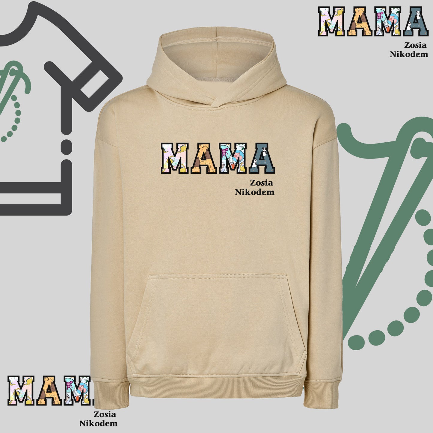 Bluza oversize z kapturem "MAMA" Patchwork + imiona dzieci, idealny prezent na dzień Babci