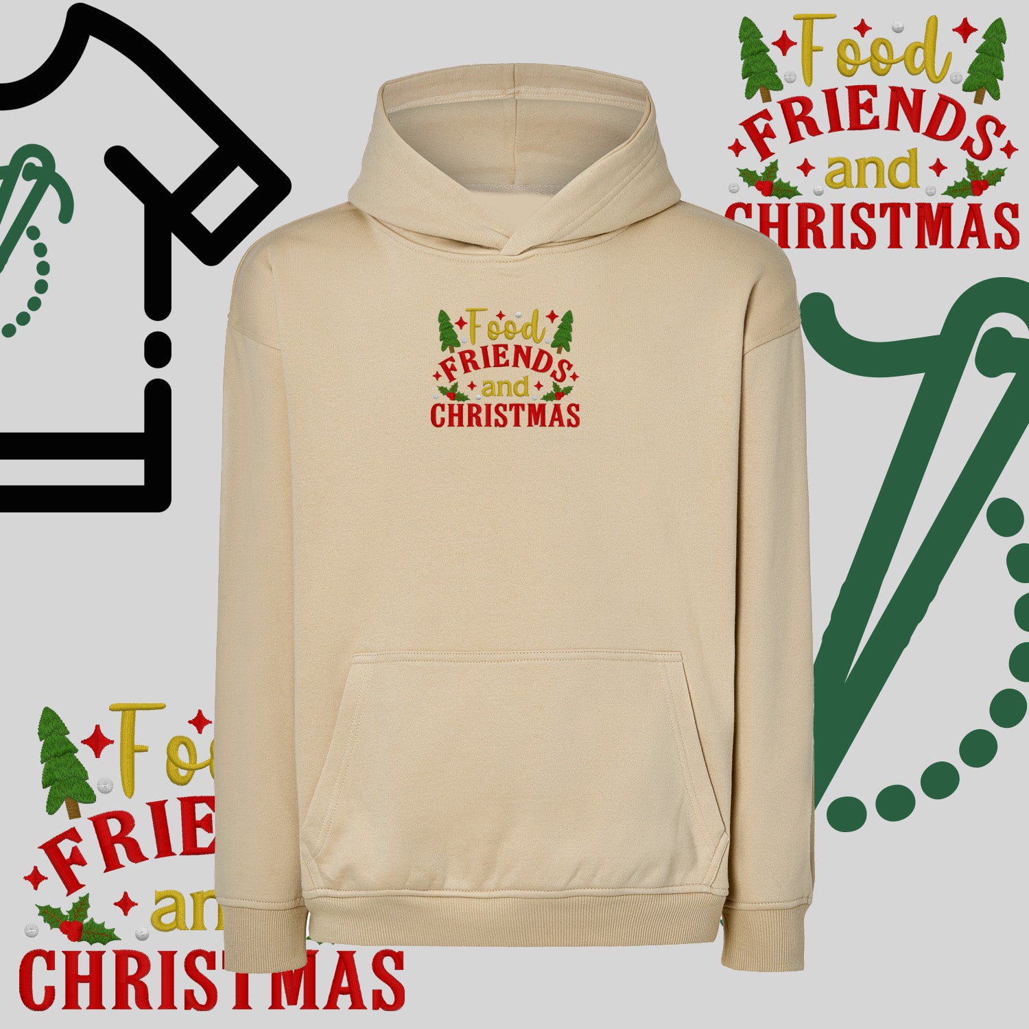 Bluza oversize z kapturem  "Food, Friends and Christmas" – haft komputerowy, styl z pozytywnym przekazem