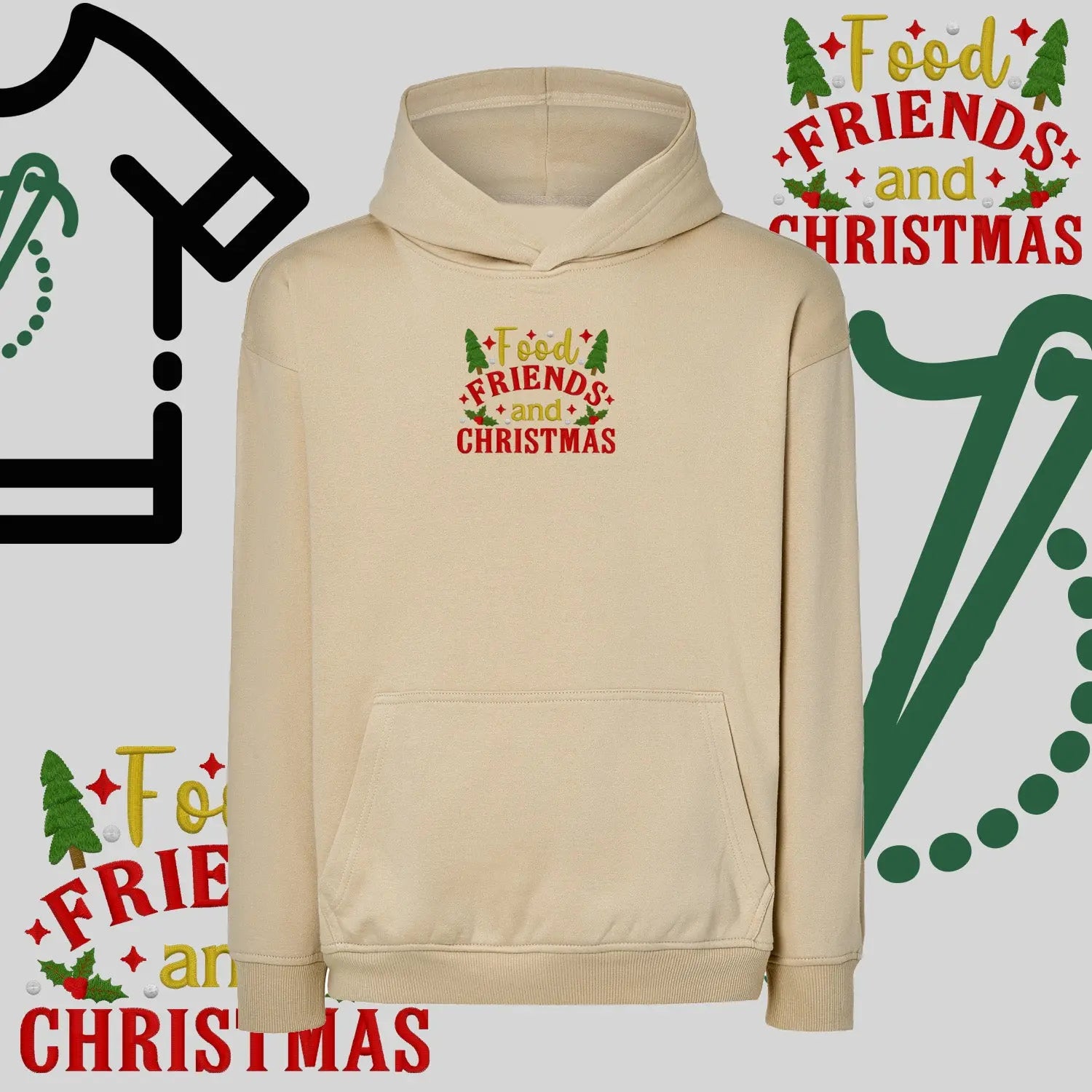 Bluza oversize z kapturem  "Food, Friends and Christmas" – haft komputerowy, styl z pozytywnym przekazem Haft z radości