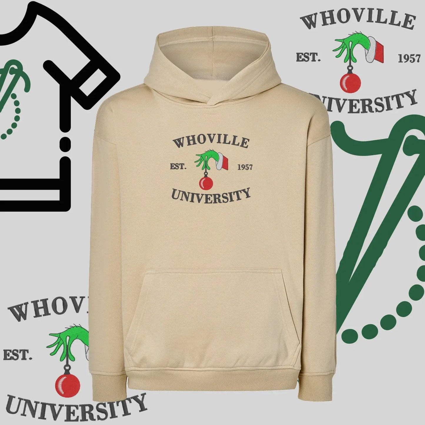 Bluza oversize z kapturem  "Grinch University" – haft komputerowy, styl z pozytywnym przekazem Haft z radości