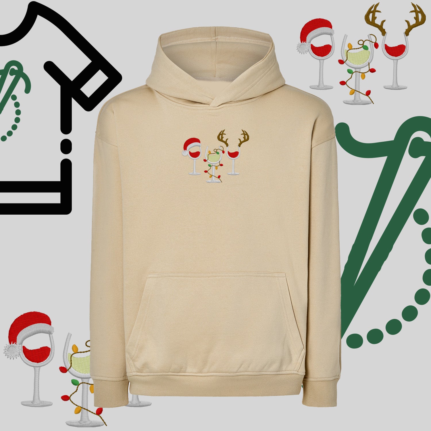 Bluza oversize z kapturem  "Kieliszki Świąteczne" – haft komputerowy, styl z pozytywnym przekazem