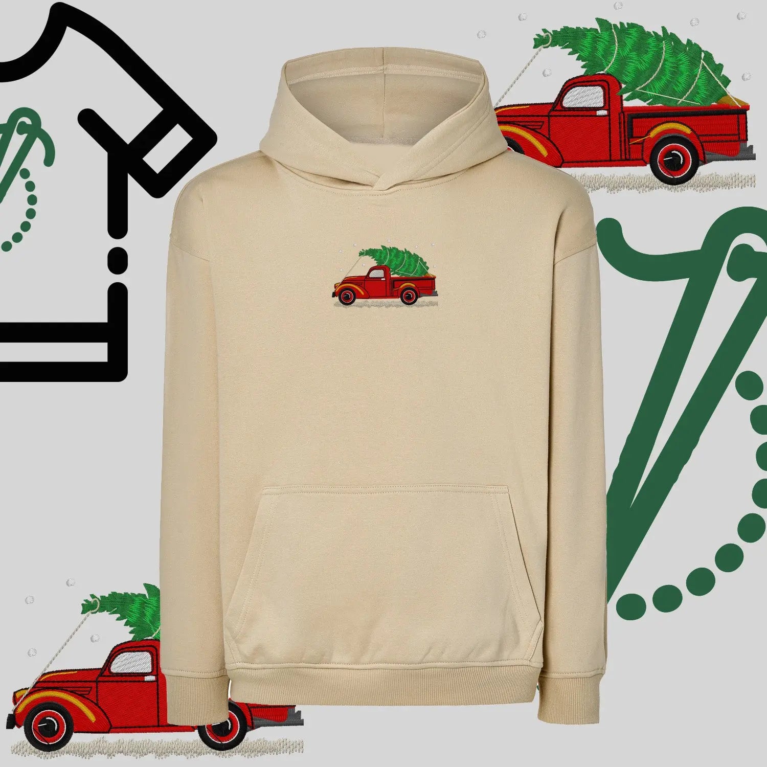 Bluza oversize z kapturem  "Pickup z choinką" – haft komputerowy, styl z pozytywnym przekazem Haft z radości