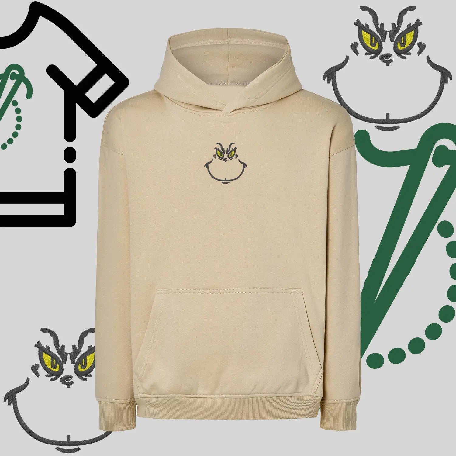 Bluza oversize z kapturem  "Grinch" – haft komputerowy, styl z pozytywnym przekazem Haft z radości